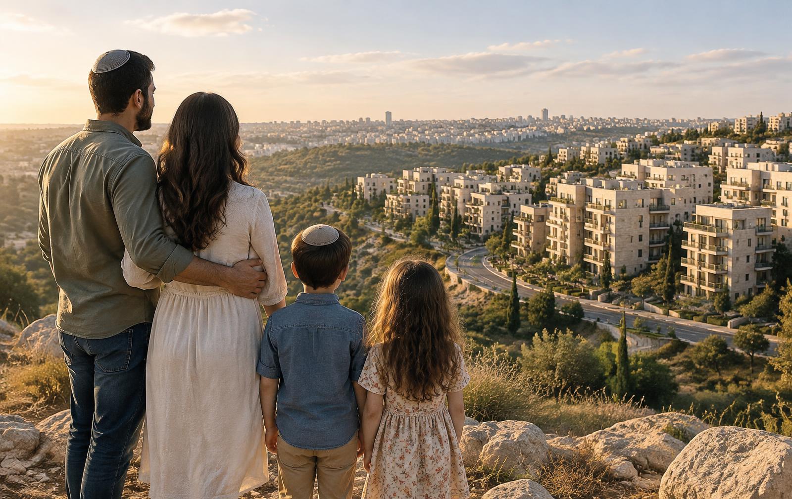 משפחה מביטה לעבר שכונת מגורים בישראל